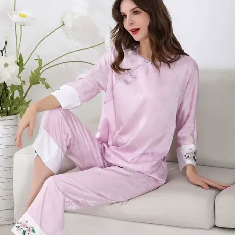 睡衣女新中式国风春夏秋2025新款冰丝长袖套装高级感丝绸家居服图片