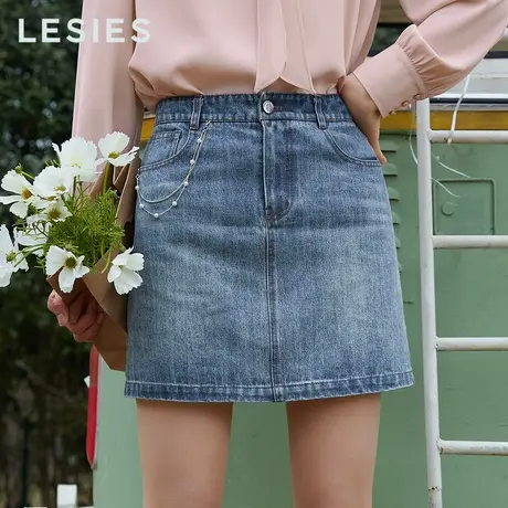 蓝色倾情 春秋新款女装 蓝色水洗小A百搭牛仔腰裙送珍珠链条图片