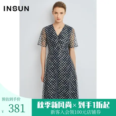 恩裳夏季女装时尚网纱刺绣棋盘格舒适休闲A字连衣裙图片