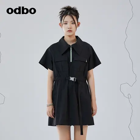 odbo/欧迪比欧时尚polo领黑色连衣裙女夏季新款收腰显瘦衬衫裙子图片