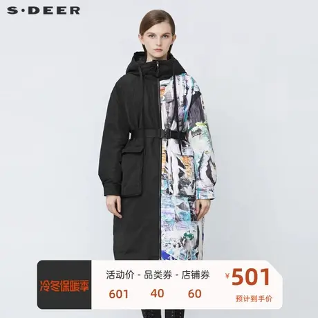 sdeer圣迪奥女装高领连帽涂鸦印花收腰长款羽绒服S21482423图片