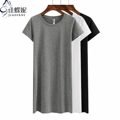 夏季新款韩版圆领纯棉修身显瘦绿色简约中长款短袖连衣裙女装图片