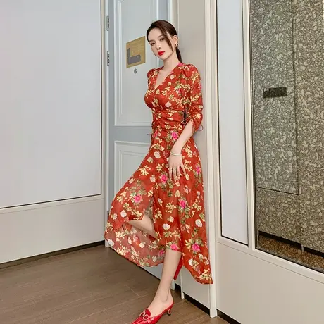 印花连衣裙2023新款夏季女法式轻熟风收腰修身减龄显瘦半袖长裙子图片