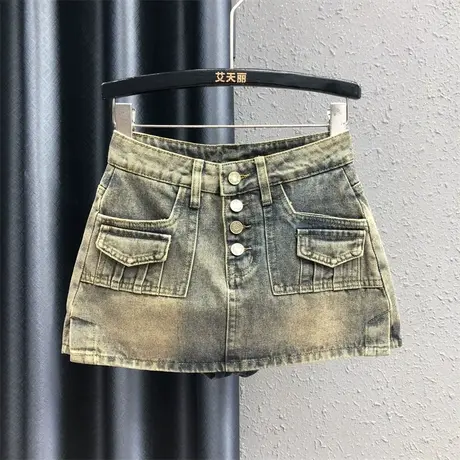 个性单排扣牛仔半身裙女秋季新款复古怀旧设计感百搭牛仔a字短裙图片