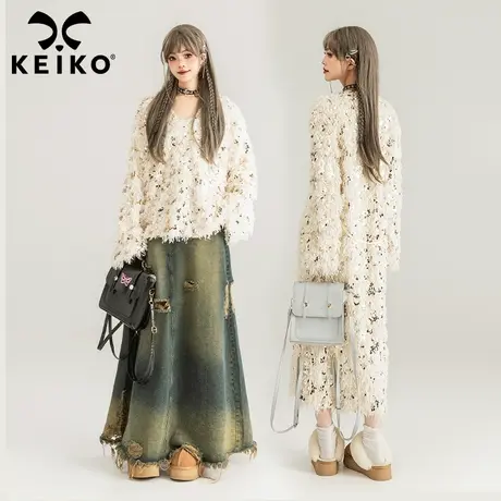 KEIKO 亮片饰羽状绒料毛衣连衣裙早春韩系气质V领宽松显瘦长裙子图片