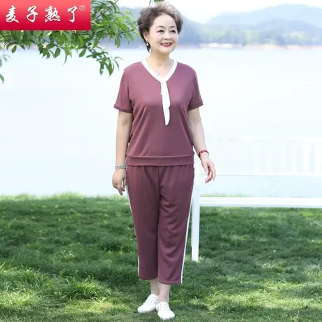 妈妈夏装洋气两件套装休闲短袖T恤小衫上衣服春新款中老年人女装商品大图