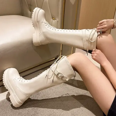 早秋厚底皮靴网红长靴女2023年新款春秋单靴不过膝超火高筒马丁靴图片