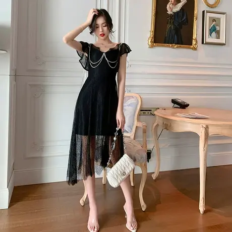法式小众蕾丝连衣裙子黑色露背性感修身显瘦气质小黑裙女夏赫本风图片