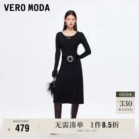 9.5上新Vero Moda连衣裙女2025秋季新款蕾丝拼接喇叭袖修身针织裙图片
