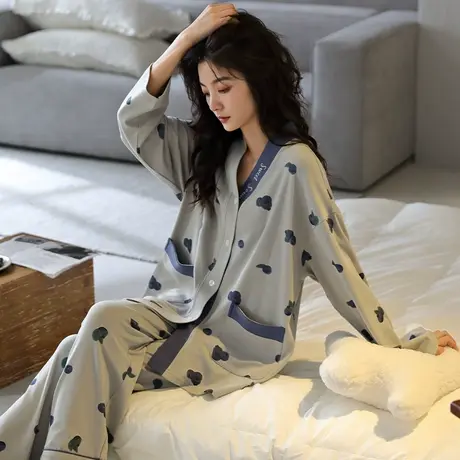 婷美春秋季睡衣女士纯棉长袖长裤V领宽松大码甜美家居服套装外穿图片