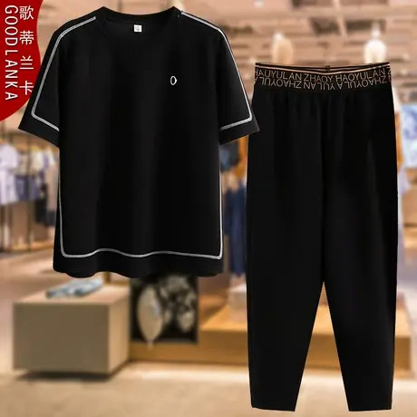 夏季中年妈妈短袖T恤两件套洋气新款大码宽松时尚减龄休闲套装女商品大图
