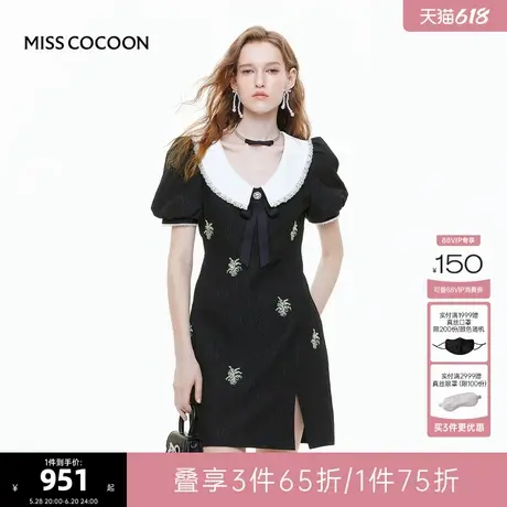 MISS COCOON可可尼泡泡袖连衣裙女2025夏季新款刺绣黑色提花裙子图片