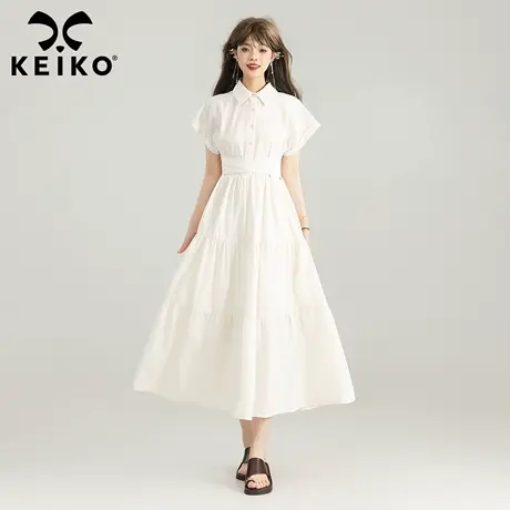 KEIKO简约白色衬衫翻领连衣裙25夏季法式通勤绑带收腰a字蛋糕长裙图片