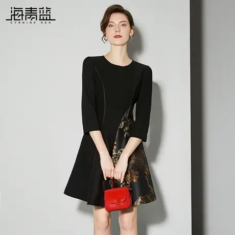 海青蓝复古黑色收腰连衣裙女2025春夏新款优雅花色拼接大摆中长裙图片