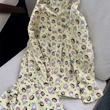 新品~奶黄米菲兔纯棉双层纱布长袖长裤翻领家居服睡衣可爱外穿图片