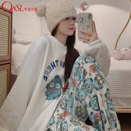 网红风睡衣女珊瑚绒秋冬季卡通加绒加厚日系家居服图片