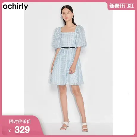 ochirly欧时力新款夏装泡泡袖格子提花腰带连衣裙1WY2082130图片