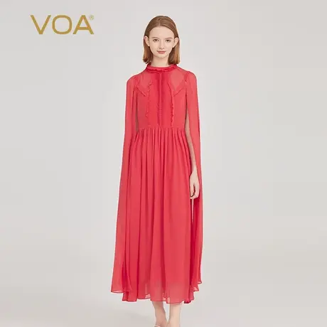 VOA正红色30姆米重磅砂洗桑蚕丝半高领飞飞袖收腰原创真丝连衣裙图片
