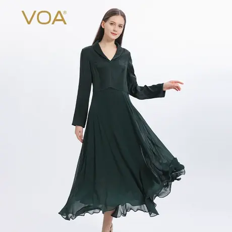 VOA真丝40姆米双面缎桃心领长袖双层乔其拼接收腰桑蚕丝连衣裙图片
