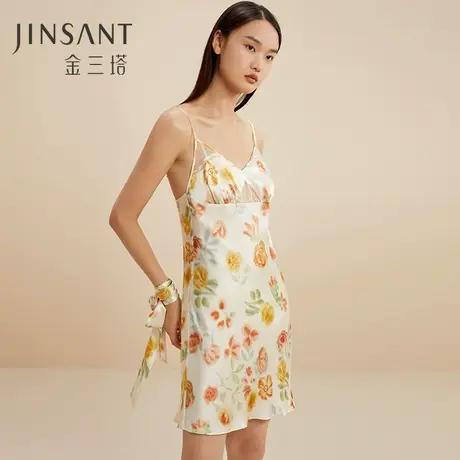 金三塔100%桑蚕丝 舒适丝滑女士真丝印花拼刺绣蕾丝吊带裙家居服图片