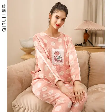 绮瑞睡衣女秋冬加厚纯棉套装女冬季圆领套头薄夹棉时尚大码家居服图片