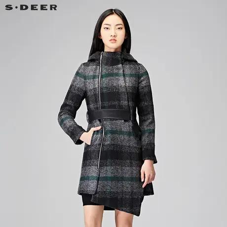 sdeer圣迪奥2018冬装学院格纹立领连帽收腰毛呢大衣女S15481809图片