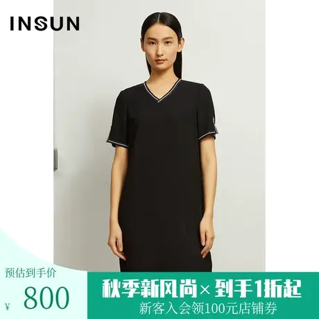 恩裳商场同款v领短袖撞色条纹宽松T恤连衣裙图片