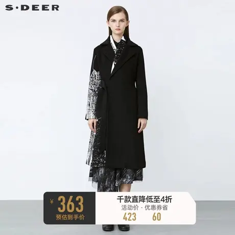 sdeer圣迪奥冬季休闲翻领印花收腰长款毛呢大衣S21481813图片