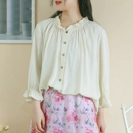 胖妹妹春装2023新款复古棉质奶油色花边袖宫廷风衬衫200斤女图片