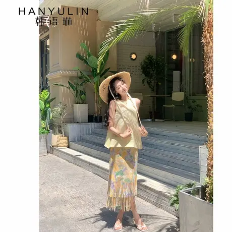 韩语琳 度假风印花流苏设计半身裙套装多巴胺黄色宽松无袖上衣女图片