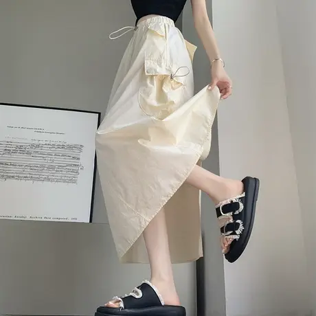 洗水棉工装半身裙女夏季薄款高腰宽松休闲速干开叉a字中长伞裙子图片