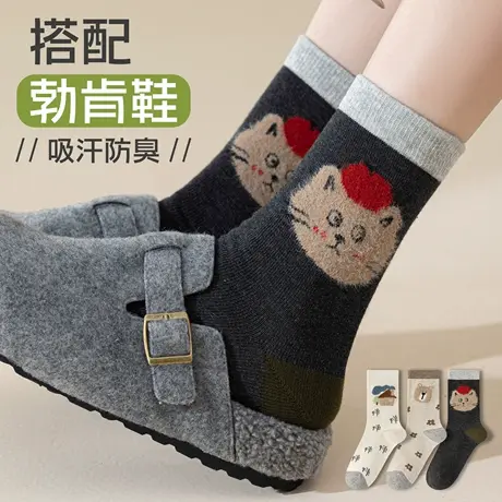 袜子女中筒袜春秋款纯棉ins潮日系可爱卡通小熊配勃肯鞋长筒棉袜图片