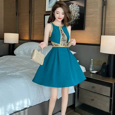 优雅端庄漂亮气质绝美连衣裙女夏季重工设计感露肩无袖a字裙短款图片