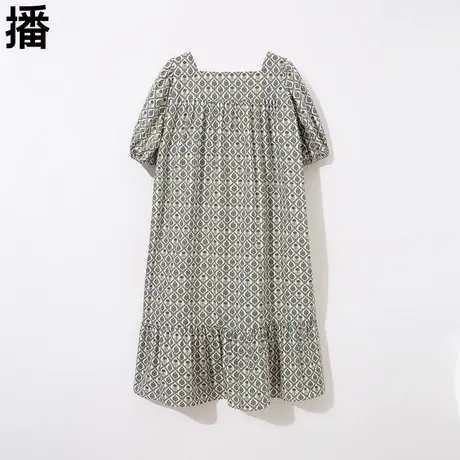 播2023夏季新款复古方领满底拼接裙摆印花方领宽松短袖连衣裙女图片