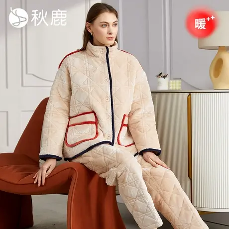 秋鹿法兰绒三层加厚夹棉睡衣女秋冬新款加绒保暖棉袄家居服可外穿图片