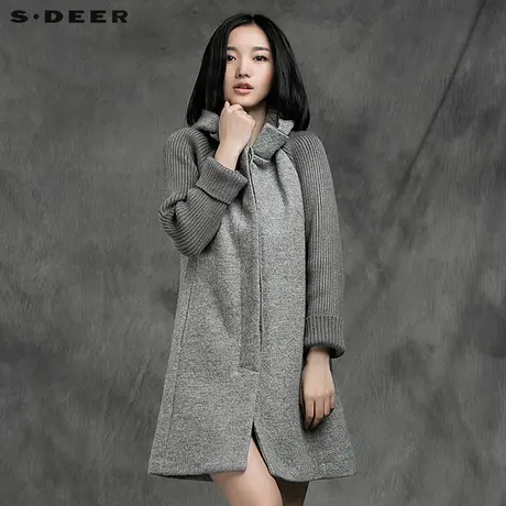 sdeer圣迪奥2017冬装简约灰调针织拼接连帽毛呢大衣外套S14481832图片