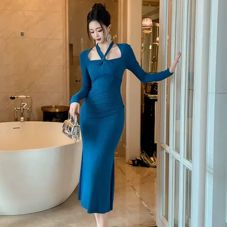 挂脖方领显身材长袖连衣裙女春季鱼骨收腰轻熟风气质显瘦鱼尾长裙图片