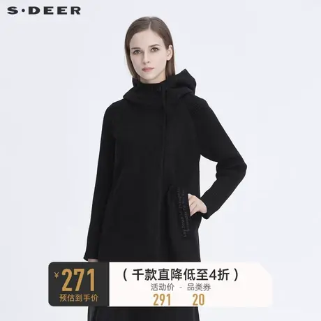 sdeer圣迪奥女装高领连帽字母贴布插肩袖黑色毛呢大衣S194A1790图片