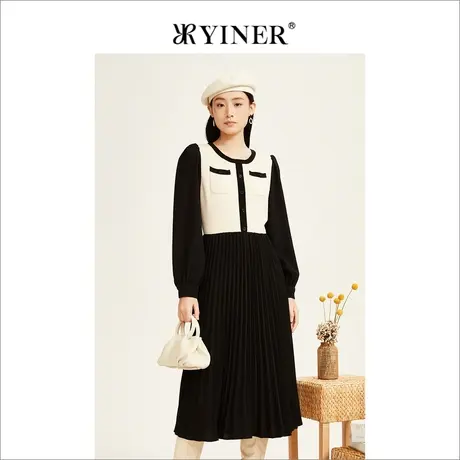 *【小香风】YINER音儿奥莱女装2022冬针织拼接连衣裙图片