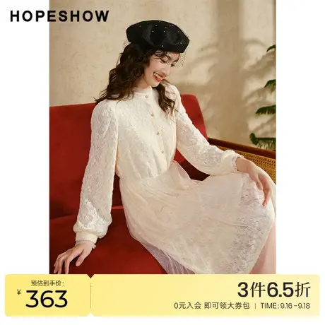 红袖outlets淑女套头连衣裙hopeshow2022冬季款收腰蕾丝边网纱裙图片