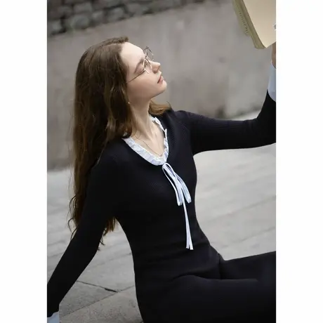 唐狮秋冬女法式连衣裙精致木耳边连衣裙超好看收腰温柔系TMTA图片