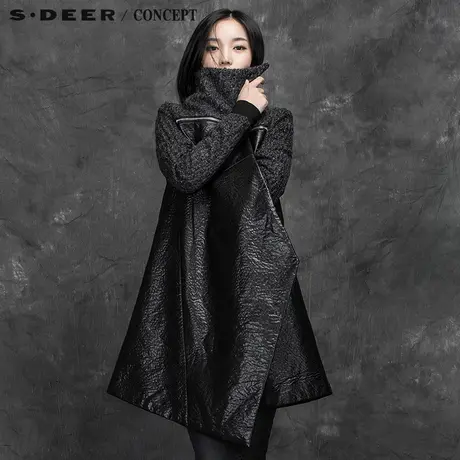 sdeer圣迪奥 女装现代酷感压印拼皮拼接长外套S15481825商品大图