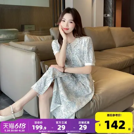 唐狮翻领短袖连衣裙2024新款女夏季碎花裙收腰长裙气质裙子夏r2图片