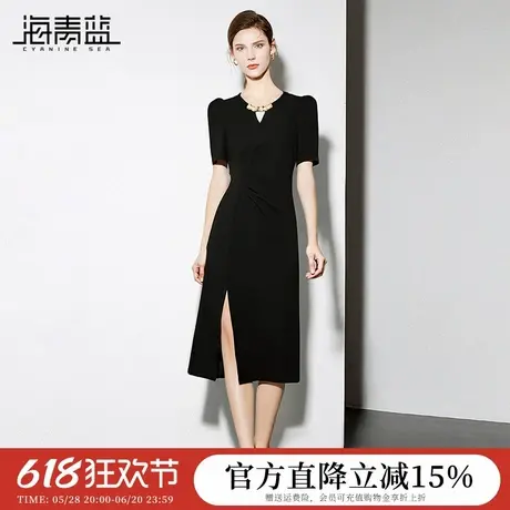 海青蓝 黑色连衣裙2025年新款开叉a字裙夏季时尚气质短袖女装裙子图片