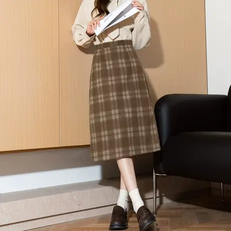 唐狮格子毛呢半身裙女冬新款美拉德包臀裙一步裙子复古长裙TE图片