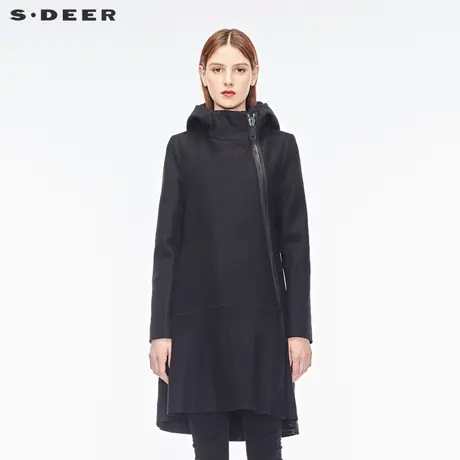sdeer圣迪奥女冬装酷范拉链斜襟A字占领连帽毛呢大衣S16481705图片