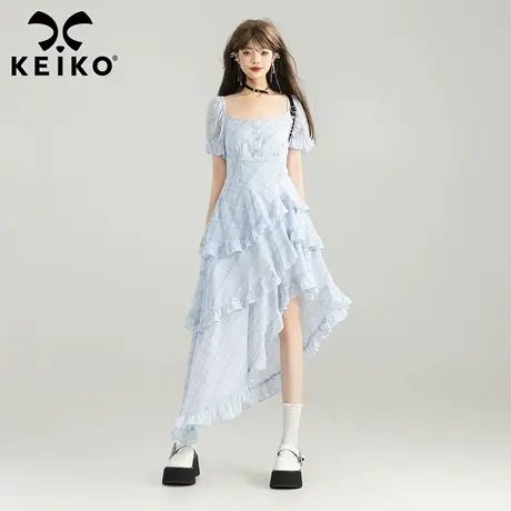 KEIKO 不规则荷叶边格子连衣裙夏季超好看法式清新蓝色显瘦波浪裙图片