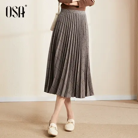 OSA欧莎高腰复古百褶半身裙女秋冬季2023年新款中长款格子a字裙子图片