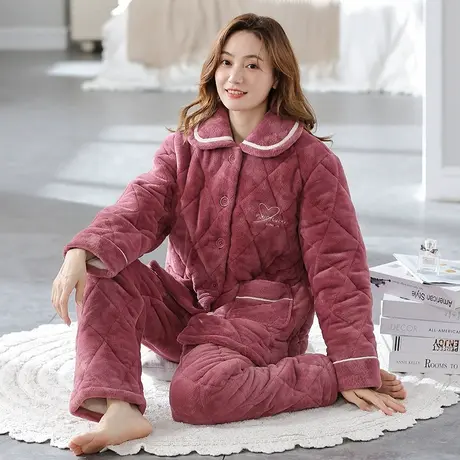 婷美冬天睡衣女加绒加厚高档夹棉保暖珊瑚绒冬季家居服法兰绒套装图片
