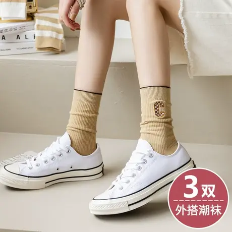 浅咖卡其色条纹袜子女春秋款中长筒潮棉袜搭配板鞋小白鞋穿的娃子图片